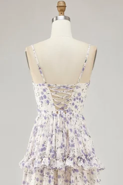 Flor roxa impressa uma linha cortada vestido de noiva com fenda