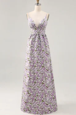 Flor roxa Uma linha estampada espaguete correias vestido de casamento convidado