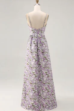Flor roxa Uma linha estampada espaguete correias vestido de casamento convidado