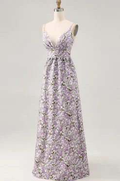 Flor roxa Uma linha estampada espaguete correias vestido de casamento convidado