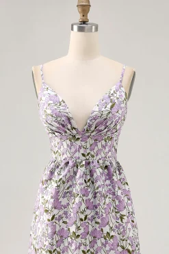 Flor roxa Uma linha estampada espaguete correias vestido de casamento convidado