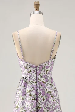 Flor roxa Uma linha estampada espaguete correias vestido de casamento convidado