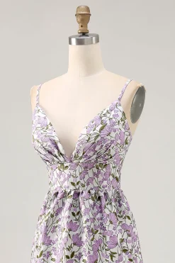 Flor roxa Uma linha estampada espaguete correias vestido de casamento convidado