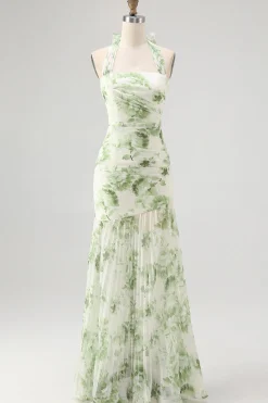 Flor Verde A-Line Halter plissado longo vestido de dama de honra