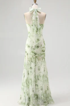 Flor Verde A-Line Halter plissado longo vestido de dama de honra