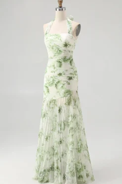 Flor Verde A-Line Halter plissado longo vestido de dama de honra
