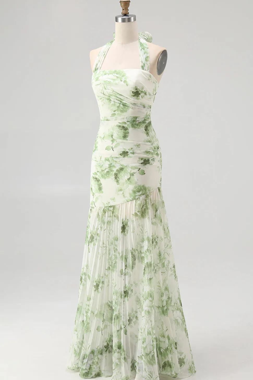 Flor Verde A-Line Halter plissado longo vestido de dama de honra