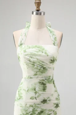 Flor Verde A-Line Halter plissado longo vestido de dama de honra
