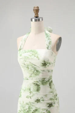 Flor Verde A-Line Halter plissado longo vestido de dama de honra