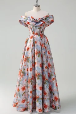 Flor Vermelha Azul Uma Linha Fora O Ombro Ruched Long Prom Dress