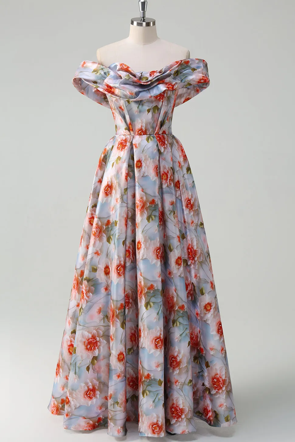 Flor Vermelha Azul Uma Linha Fora O Ombro Ruched Long Prom Dress