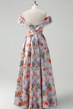 Flor Vermelha Azul Uma Linha Fora O Ombro Ruched Long Prom Dress