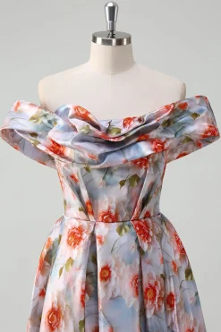 Flor Vermelha Azul Uma Linha Fora O Ombro Ruched Long Prom Dress