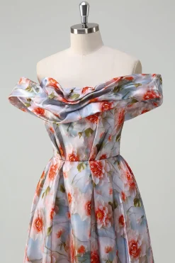 Flor Vermelha Azul Uma Linha Fora O Ombro Ruched Long Prom Dress