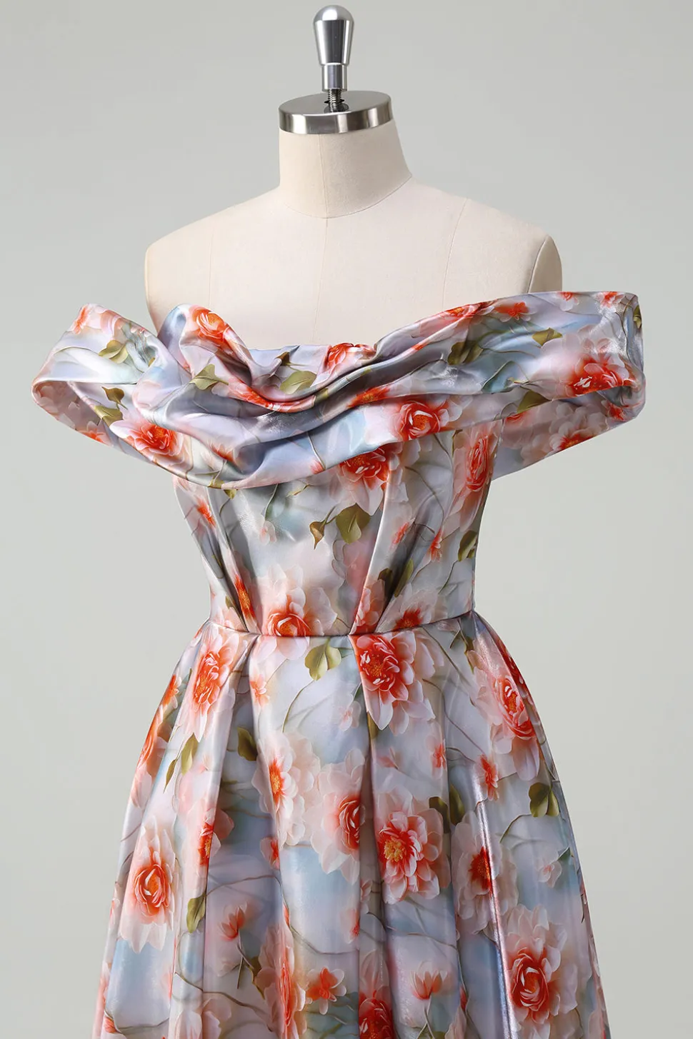 Flor Vermelha Azul Uma Linha Fora O Ombro Ruched Long Prom Dress