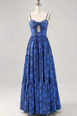 Floral A Line Blue Spaghetti Correias Cut out Vestido de Noiva Convidado