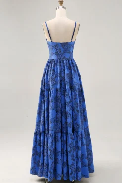 Floral A Line Blue Spaghetti Correias Cut out Vestido de Noiva Convidado