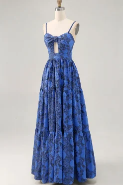 Floral A Line Blue Spaghetti Correias Cut out Vestido de Noiva Convidado