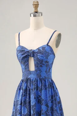 Floral A Line Blue Spaghetti Correias Cut out Vestido de Noiva Convidado
