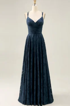 Floral A Line Navy Printed Long Wedding Guest Dress