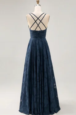 Floral A Line Navy Printed Long Wedding Guest Dress