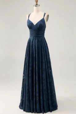 Floral A Line Navy Printed Long Wedding Guest Dress