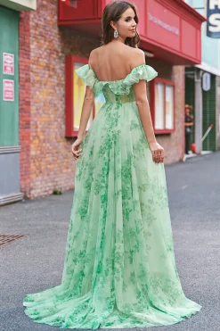 Floral A Line Off The Shoulder Corset Long Green Prom Dress