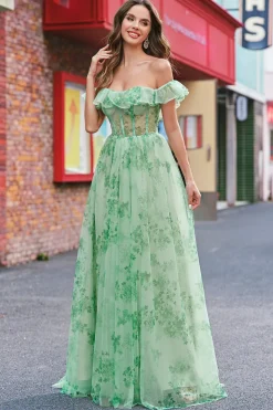 Floral A Line Off The Shoulder Corset Long Green Prom Dress