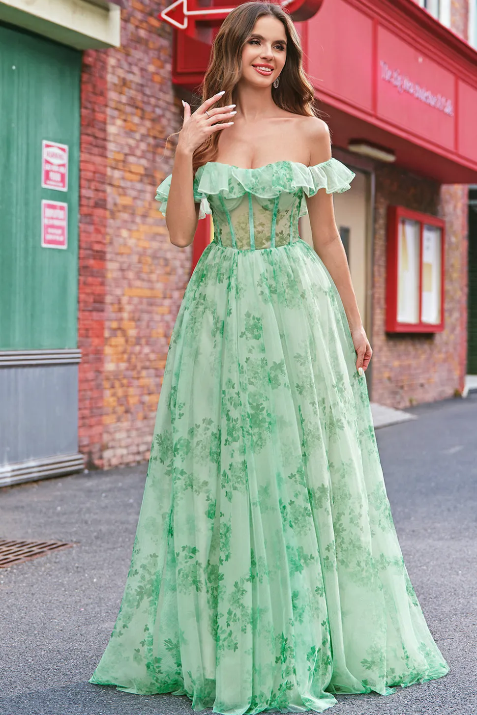 Floral A Line Off The Shoulder Corset Long Green Prom Dress