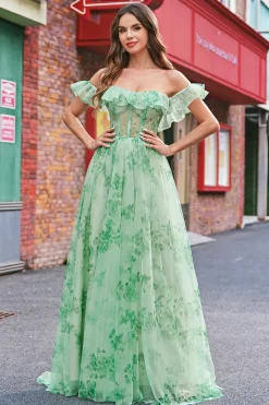 Floral A Line Off The Shoulder Corset Long Green Prom Dress