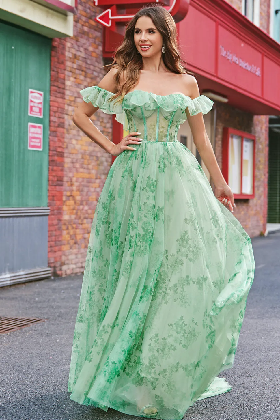 Floral A Line Off The Shoulder Corset Long Green Prom Dress
