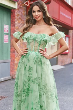 Floral A Line Off The Shoulder Corset Long Green Prom Dress