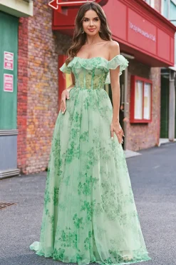 Floral A Line Off The Shoulder Corset Long Green Prom Dress