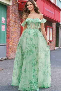 Floral A Line Off The Shoulder Corset Long Green Prom Dress