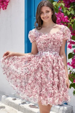 Floral A Line Roxo Vestido de Cocktail com Folhos