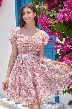 Floral A Line Roxo Vestido de Cocktail com Folhos