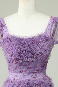 Floral A Line Roxo Vestido de Cocktail com Folhos