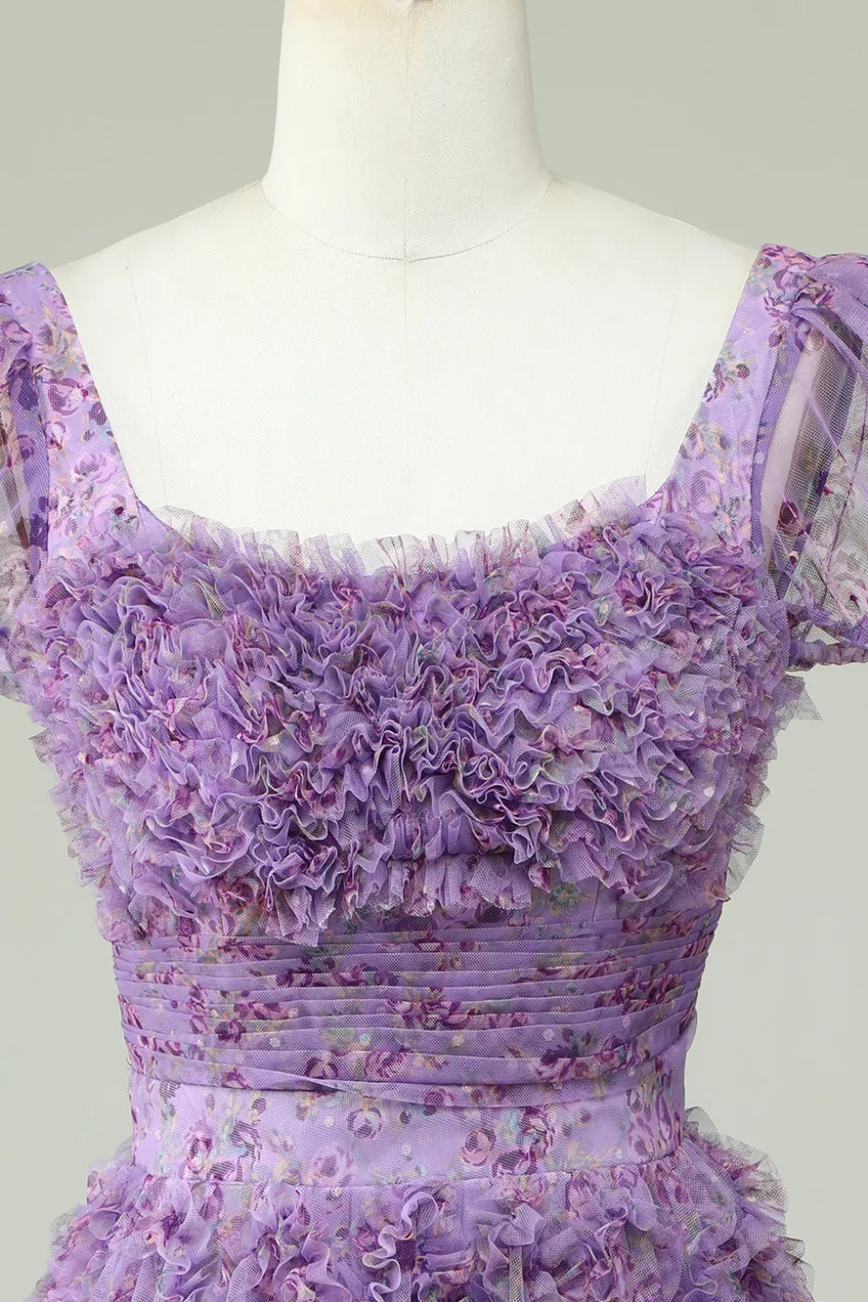 Floral A Line Roxo Vestido de Cocktail com Folhos