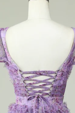 Floral A Line Roxo Vestido de Cocktail com Folhos