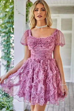 Floral A Line Roxo Vestido de Cocktail com Folhos