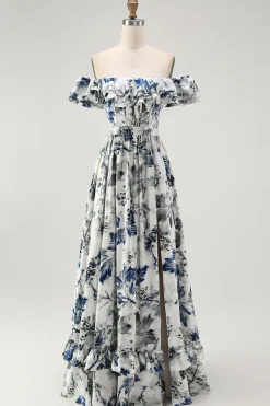 Floral azul babado fora do ombro um vestido de dama de honra linha