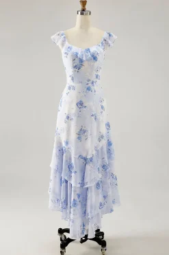 Floral azul impresso uma linha babado vestido de noiva convidado