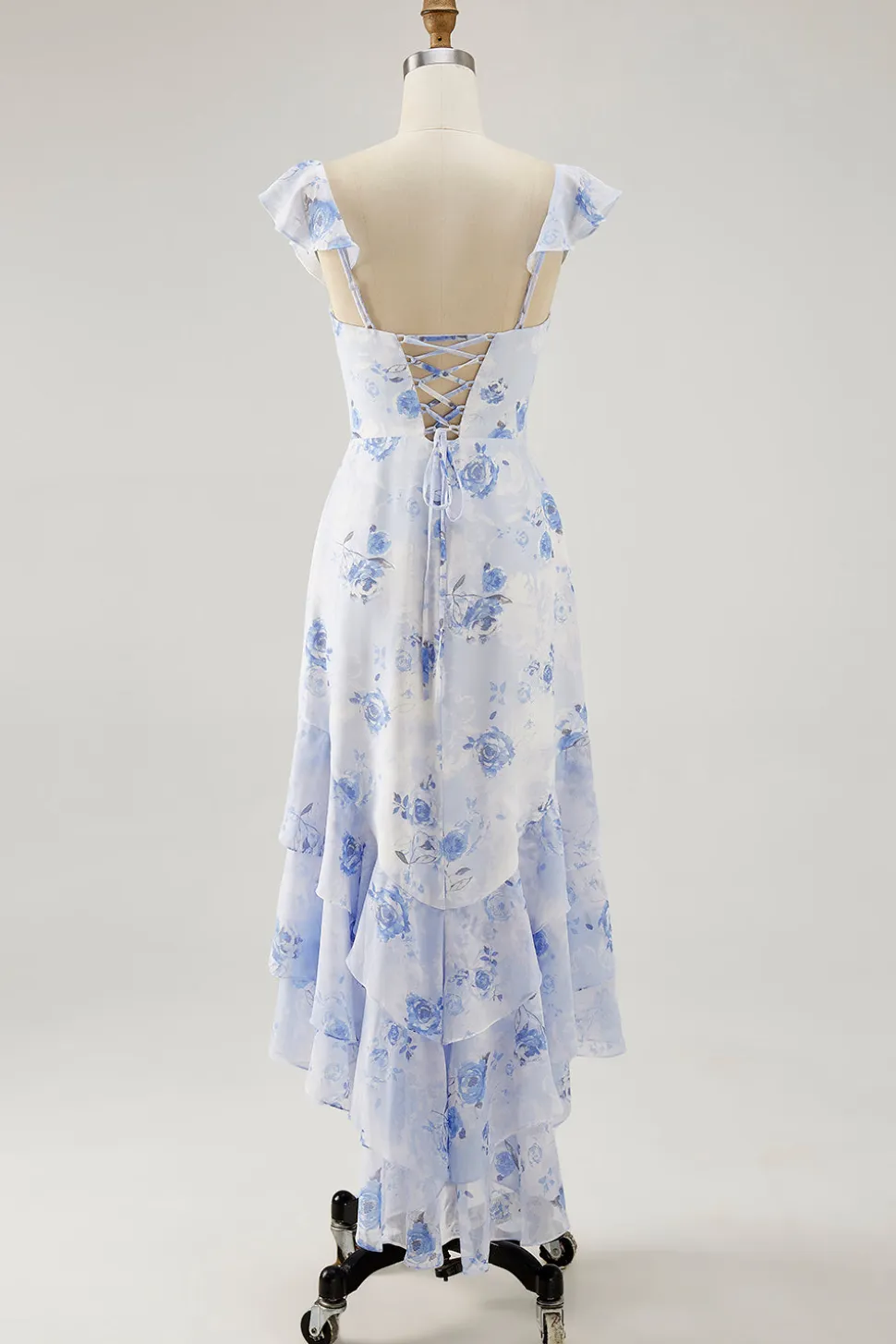 Floral azul impresso uma linha babado vestido de noiva convidado