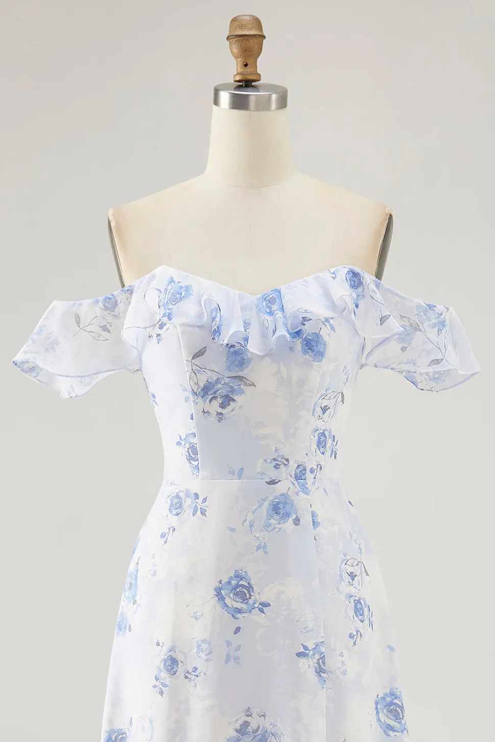 Floral azul impresso uma linha babado vestido de noiva convidado
