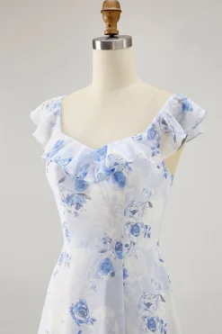 Floral azul impresso uma linha babado vestido de noiva convidado