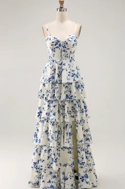 Floral Azul Uma Linha Tiered Ruffled Long Prom Dress com Fenda