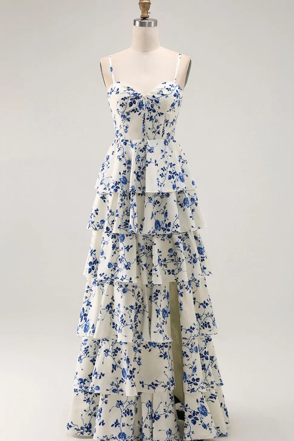 Floral Azul Uma Linha Tiered Ruffled Long Prom Dress com Fenda