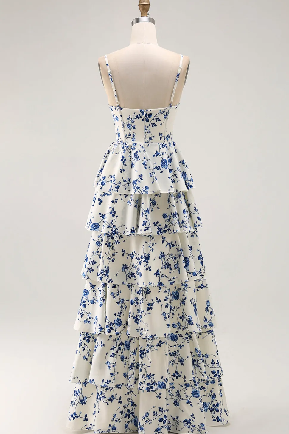 Floral Azul Uma Linha Tiered Ruffled Long Prom Dress com Fenda