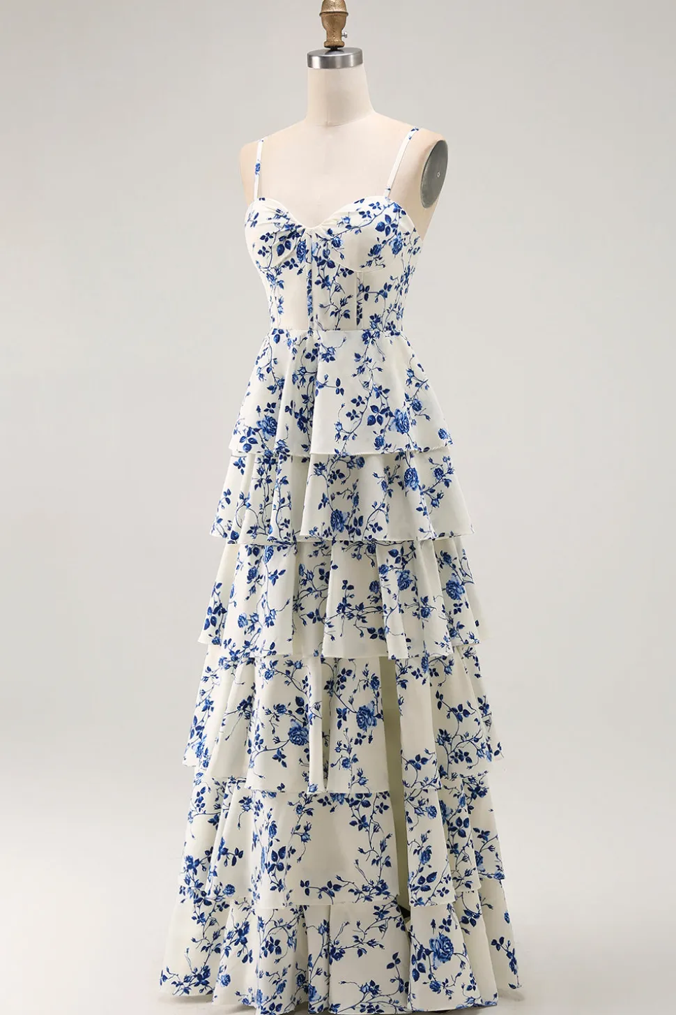 Floral Azul Uma Linha Tiered Ruffled Long Prom Dress com Fenda