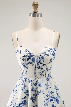 Floral Azul Uma Linha Tiered Ruffled Long Prom Dress com Fenda